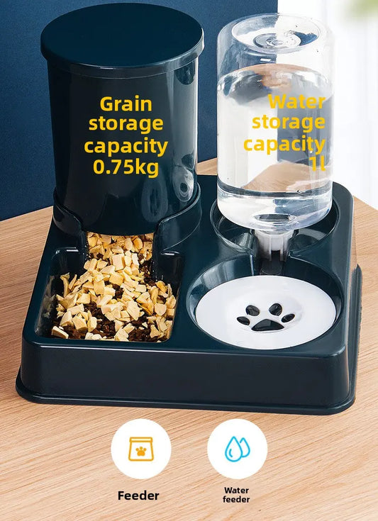 Pet feeder and water dispenser with grain storage capacity and water storage capacity indicators.