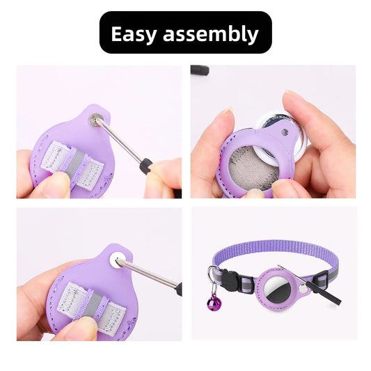Step-by-step assembly of a purple pet collar with a reflective tag.