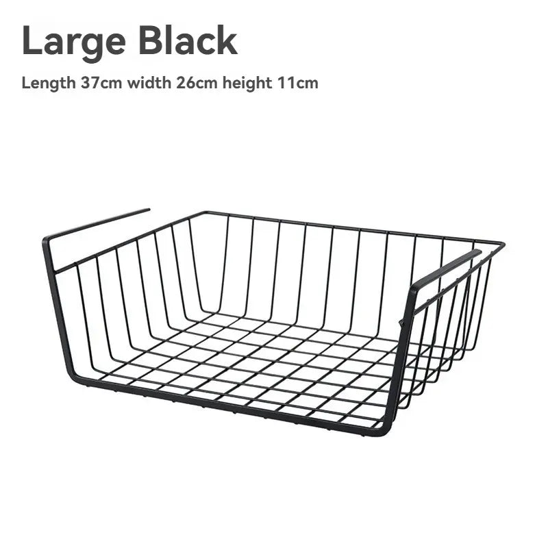 Black wire basket Storage Rack with dimensions on a white background