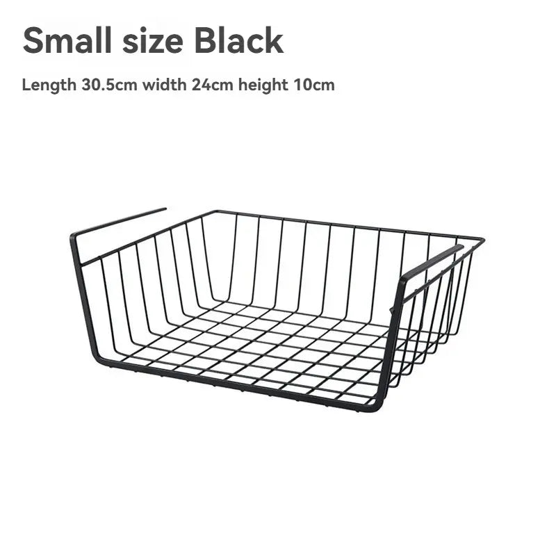 Black wire basket Storage Rack with dimensions on a white background