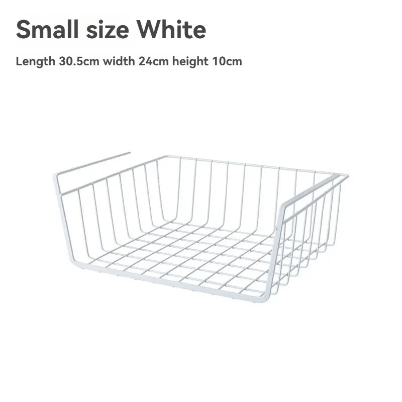 Small white wire basket Storage Rack with dimensions on a white background