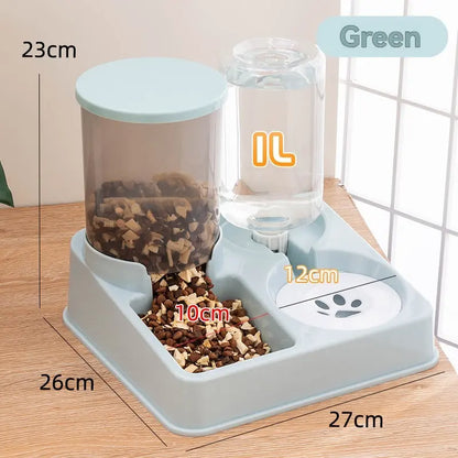 Pet feeding and water station with dimensions labeled on a wooden surface.