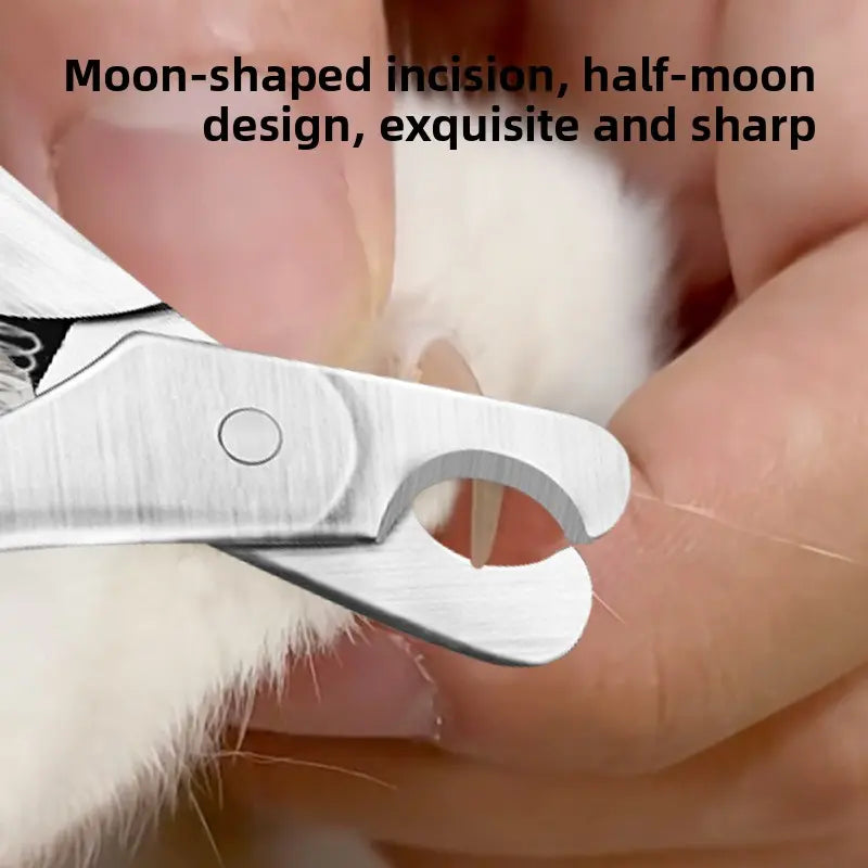 Pet nail trimmer with moon-shaped incision design being used on a pet's nail.