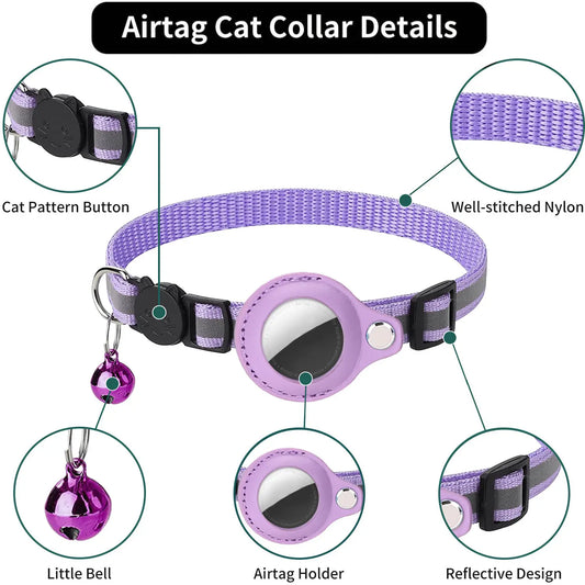Purple cat collar with airtag holder, bell, and reflective design on a white background.
