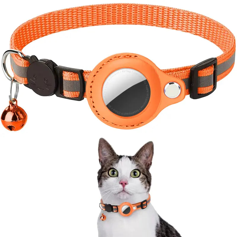 Orange cat collar with reflective strip and bell, worn by a cat on a white background