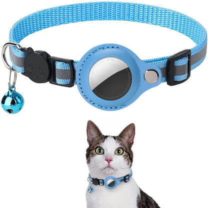 Blue pet collar with a bell and a cat wearing it on a white background