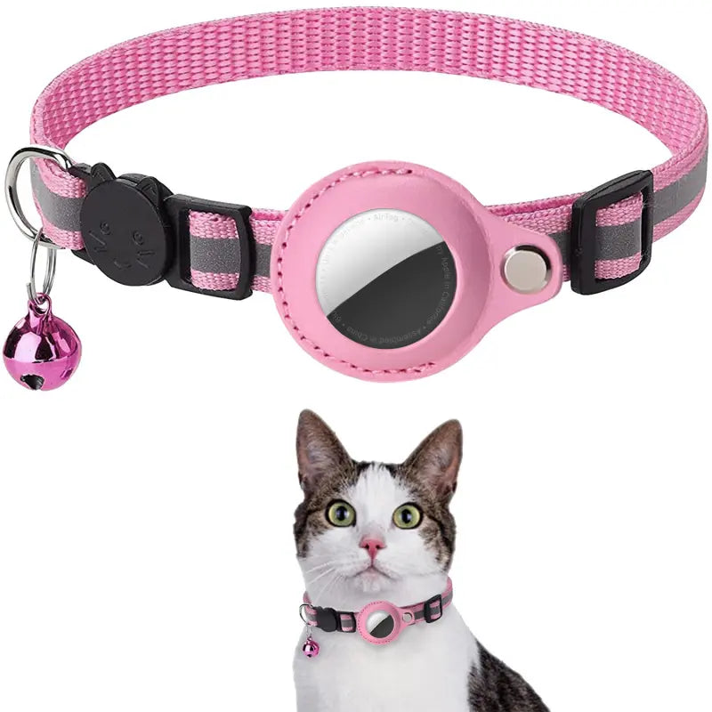 Pink striped cat collar with a bell and reflective patch, worn by a cat.