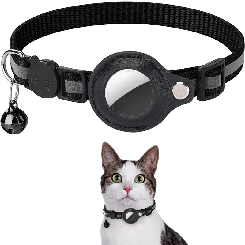 Black cat collar with bell and reflective patch on a white background