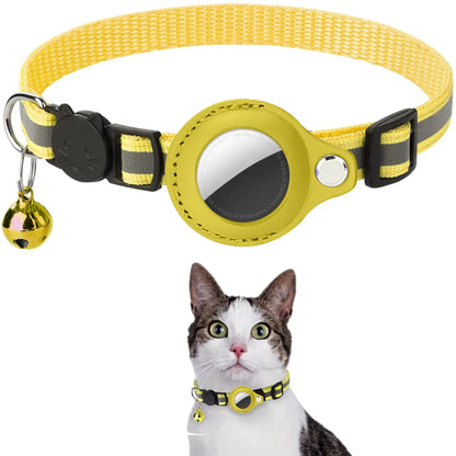 Yellow cat collar with a bell on a white background, featuring a cat wearing the collar.