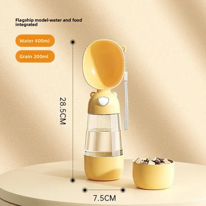 Yellow pet water and food dispenser with measurements on a beige background