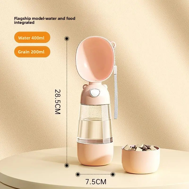Pet water and food dispenser with measurements on a beige background