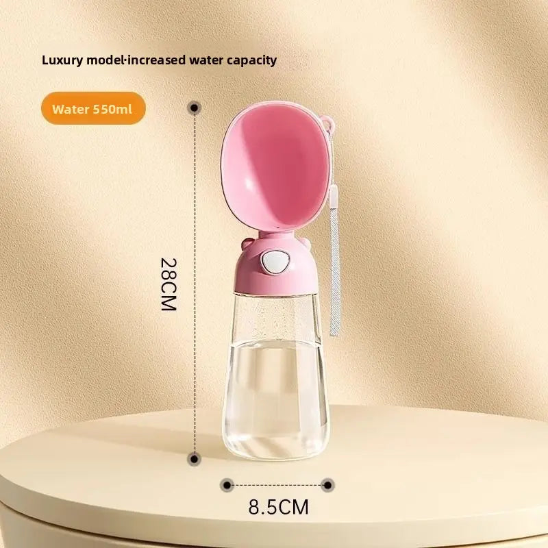Pink pet water bottle with measurements on a beige background