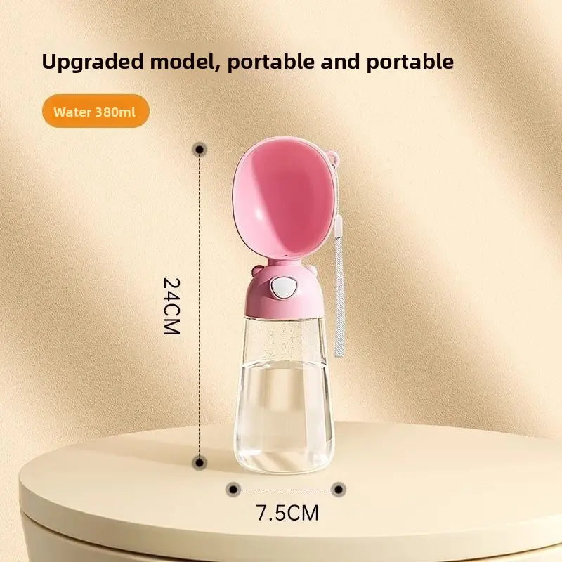 Pink portable water bottle with measurements on a beige background