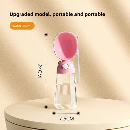 Pink portable water bottle with measurements on a beige background