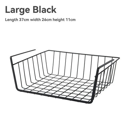 Black wire basket Storage Rack with dimensions on a white background