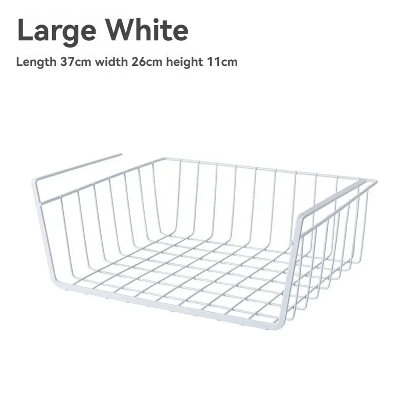 White wire basket Storage Rack with dimensions on a white background