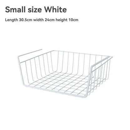 Small white wire basket Storage Rack with dimensions on a white background