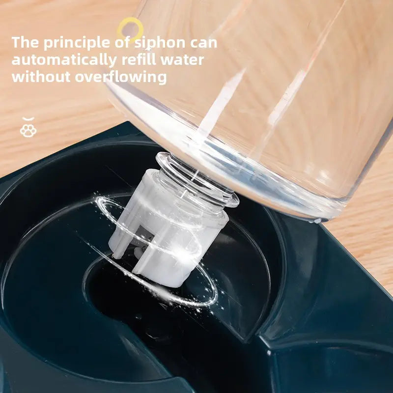 Close-up of a siphon mechanism in action with text explaining its principle.