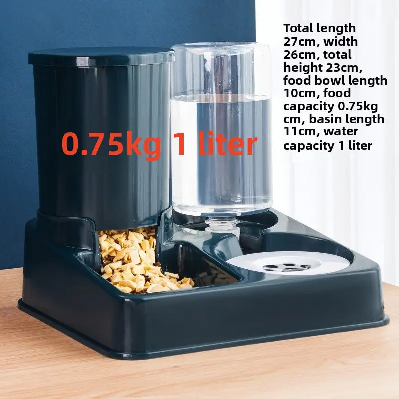 Pet feeder with water bowl on a wooden surface, showing dimensions and capacity details.
