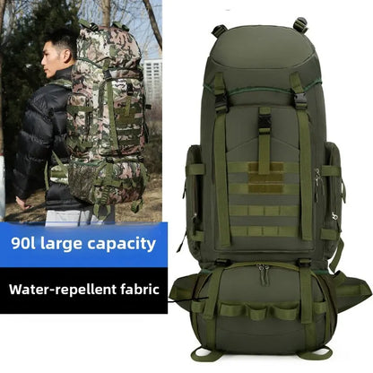 Green tactical backpack with water-repellent fabric and large capacity feature, shown on a person and on a white background.