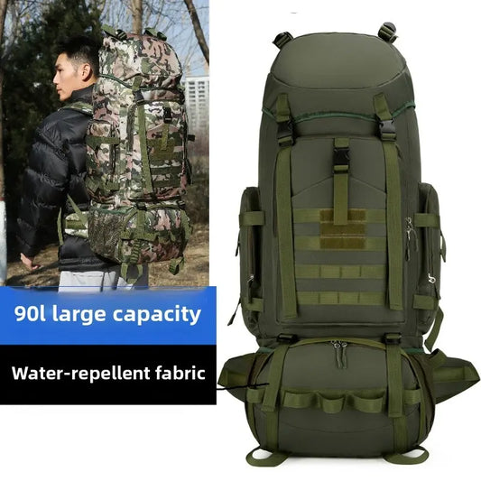 Green tactical backpack with water-repellent fabric and large capacity feature, shown on a person and on a white background.