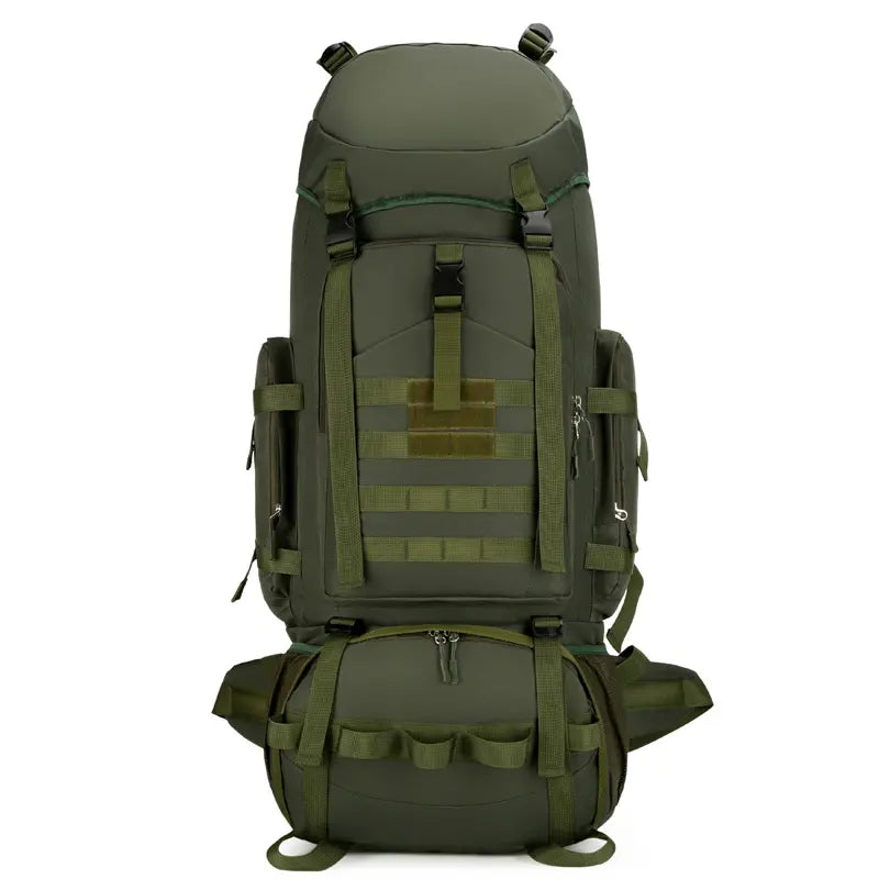 Green tactical backpack on a white background