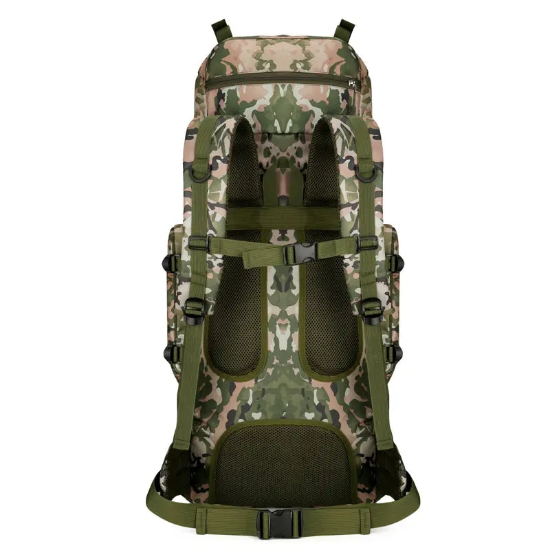 Camouflage backpack with green straps on a white background