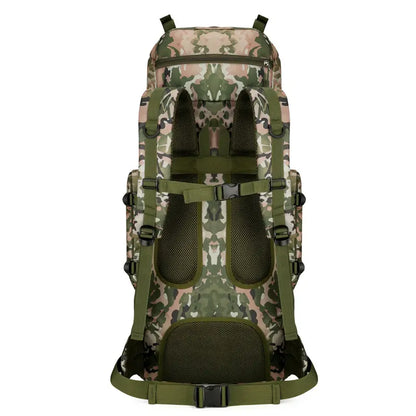 Camouflage backpack with green straps on a white background