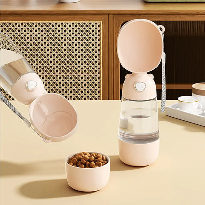 Pet water bottle and food bowl set on a table with a wooden background